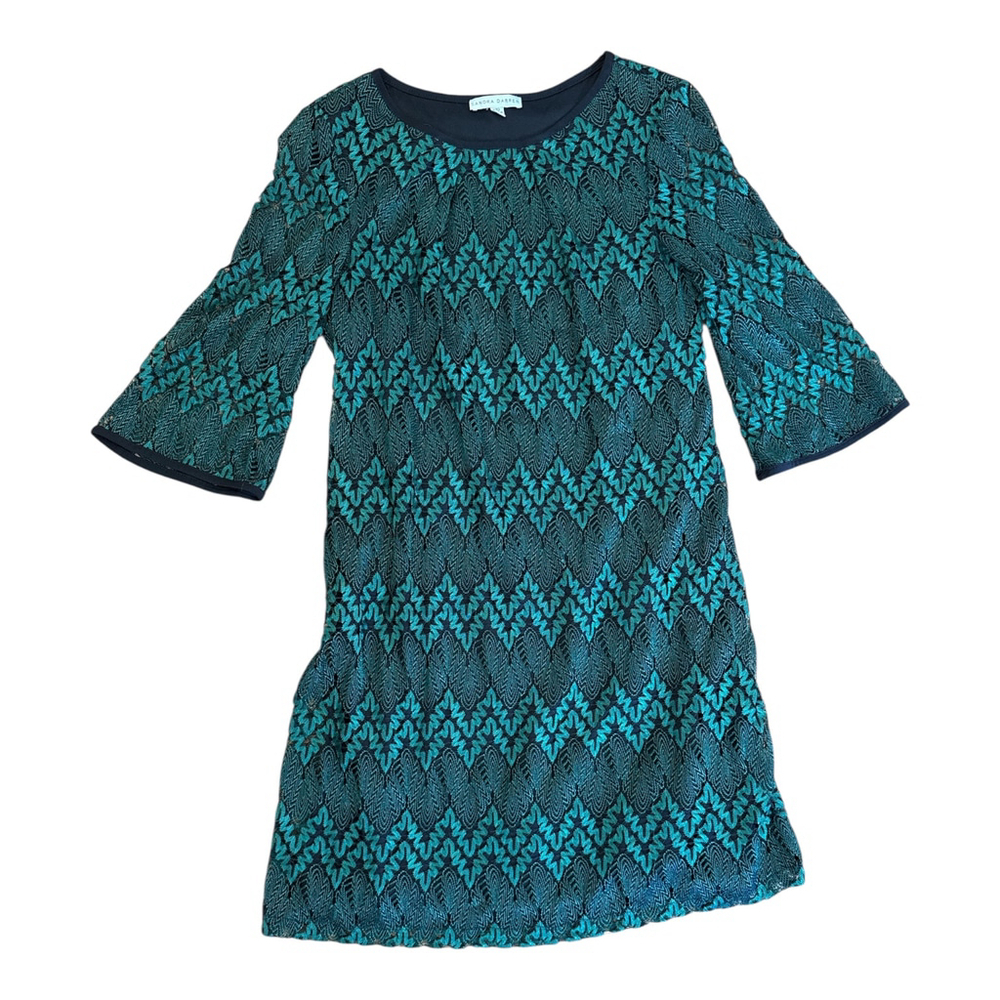 Sandra Darren Women's Lace Dress, 3/4 Sleeve, Turquoise Pattern, Size 10